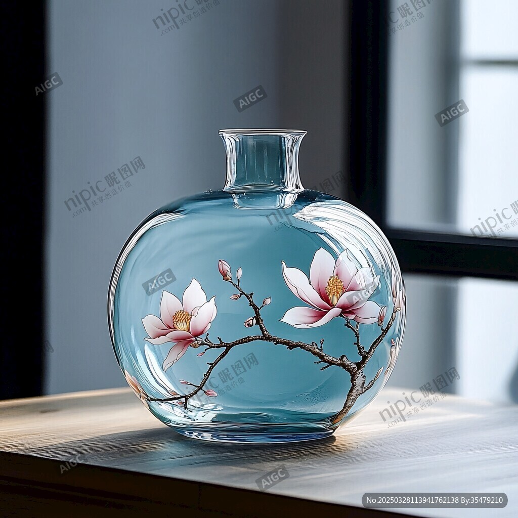 藍底玉蘭花紋玻璃花瓶