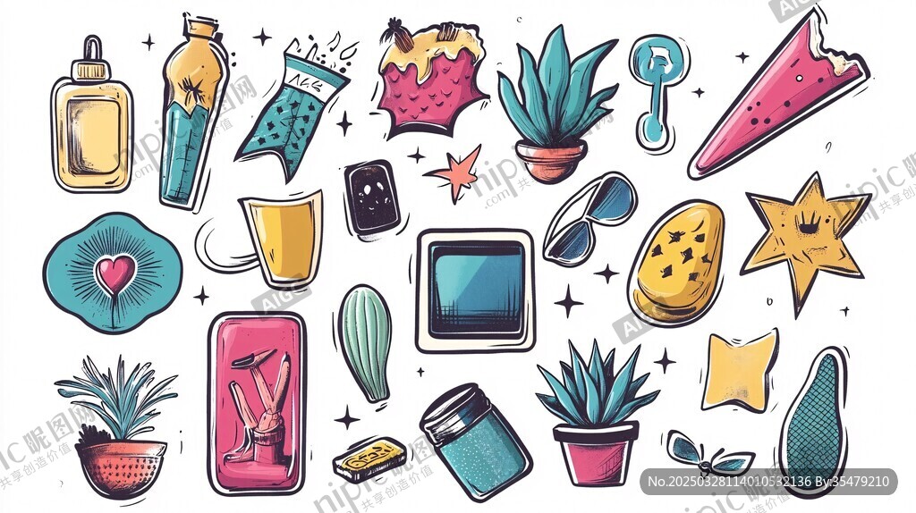 夏日時(shí)尚物品與綠植插畫(huà)