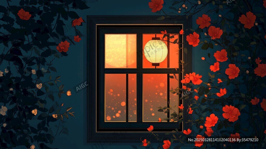 窗邊燈籠映繁花夜景