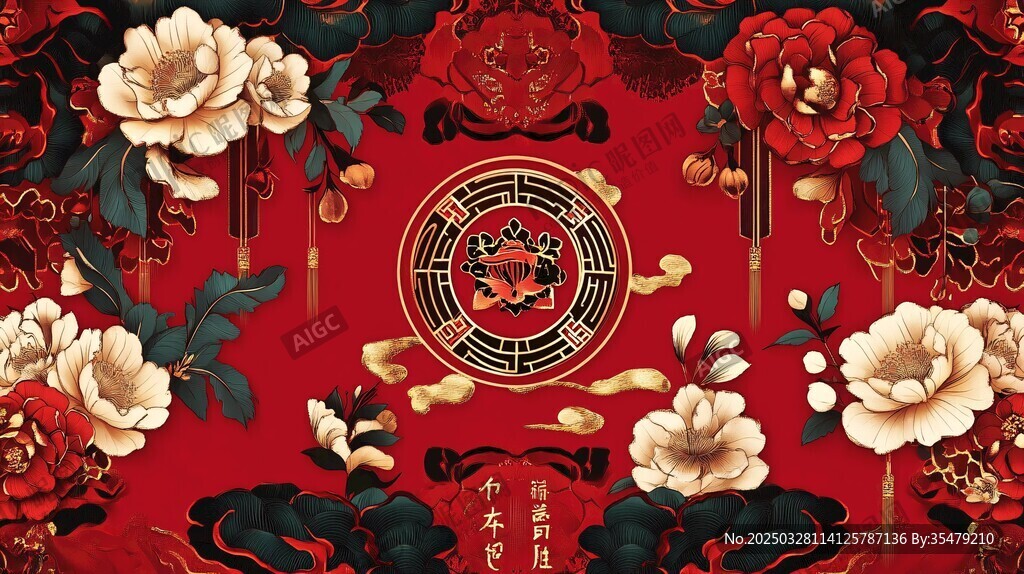 中式紅底牡丹祥瑞圖案