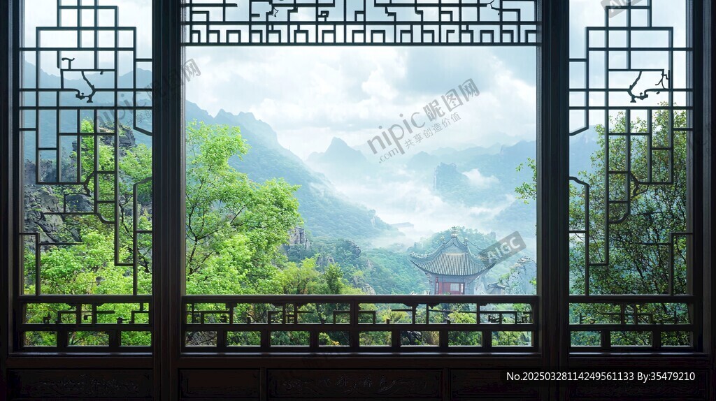 透過(guò)中式窗欞賞山水美景