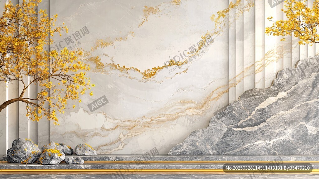 金色山水樹影大理石背景墻