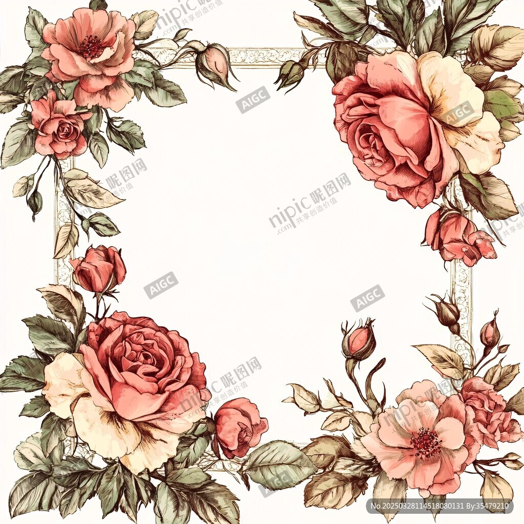 復(fù)古玫瑰花卉邊框插畫