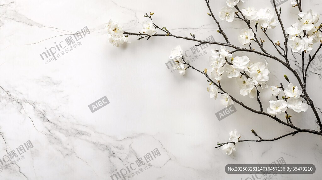 大理石上的素雅白色花枝