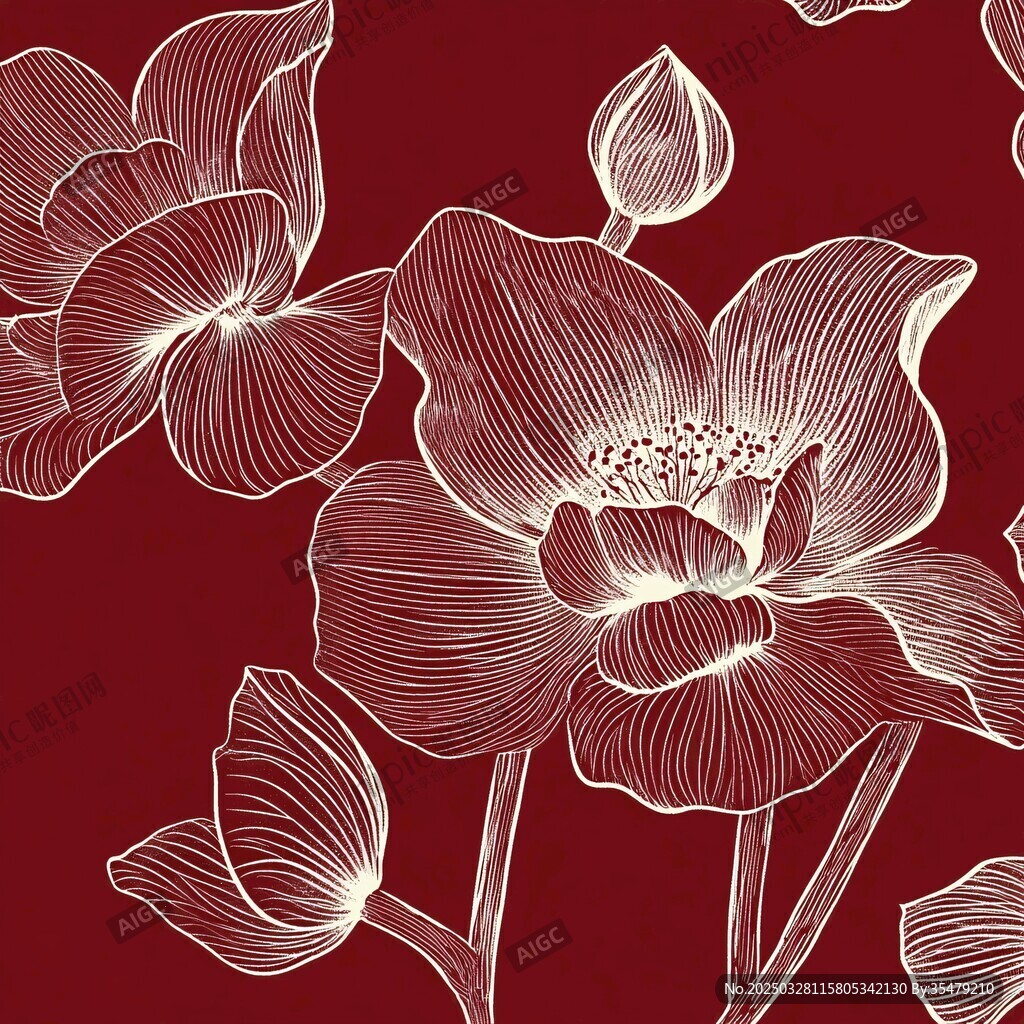 紅底白描花卉精美圖案