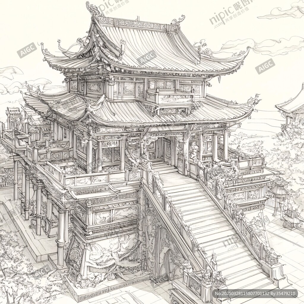 中式古建筑手繪精美樓閣
