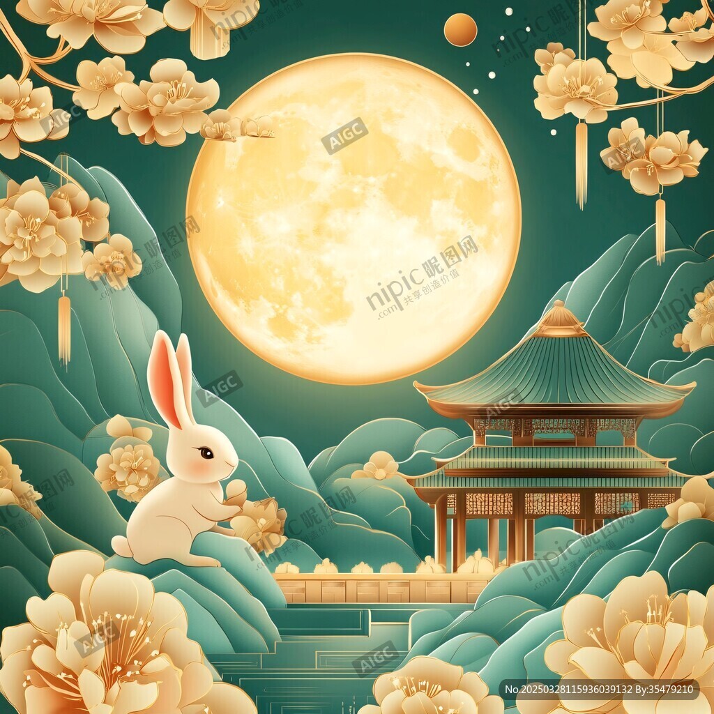 玉兔望月賞景中秋美畫