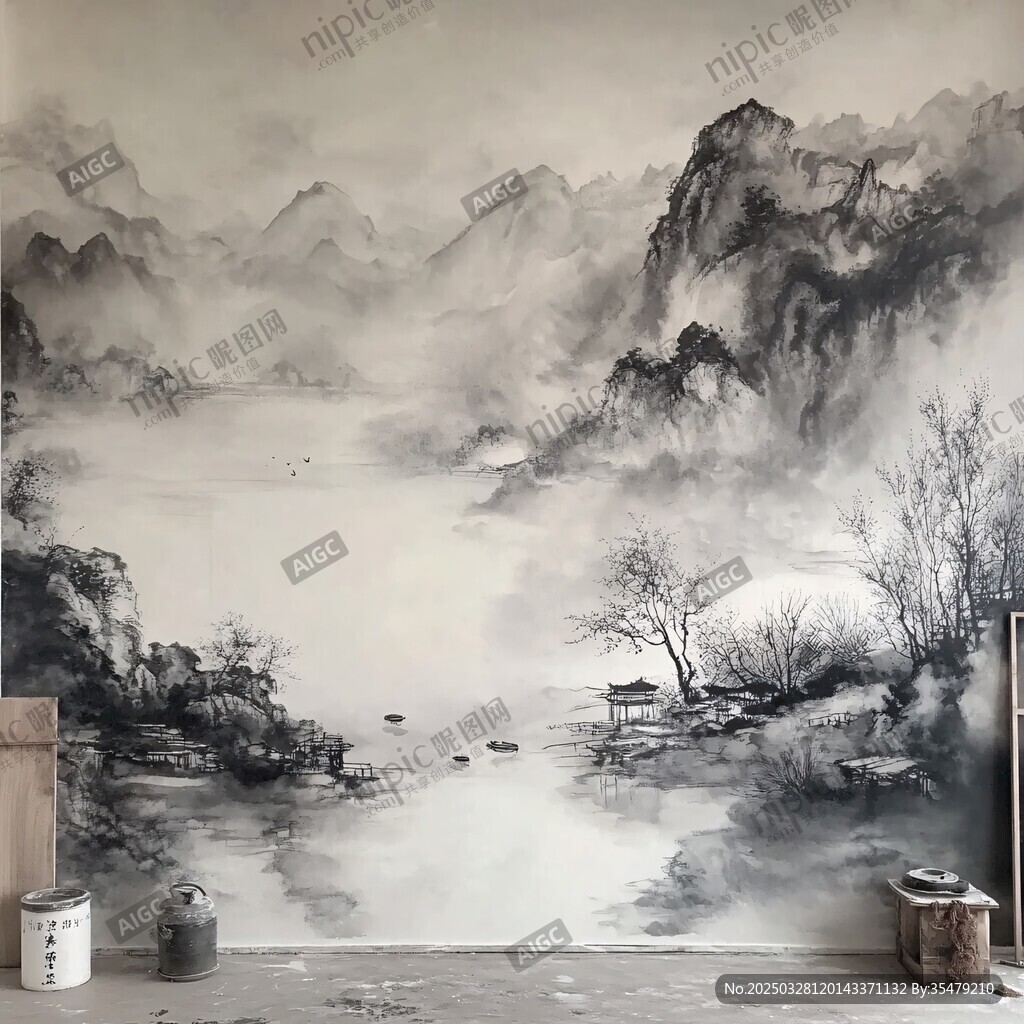 中式水墨山水壁畫場景