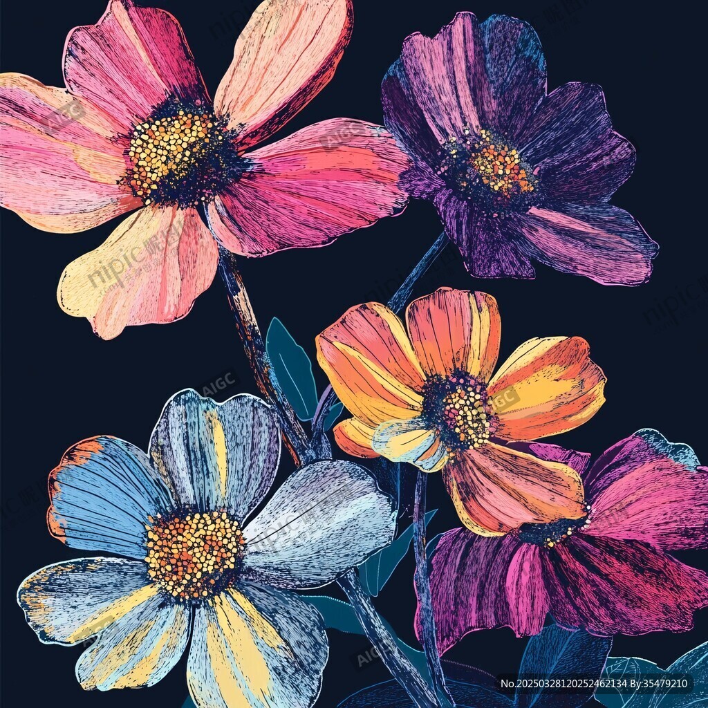 多彩花卉藝術插畫作品