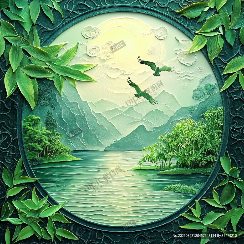 圓形框景下的山水飛鳥圖