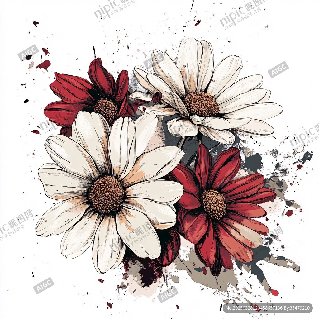 水彩風紅白雛菊插畫