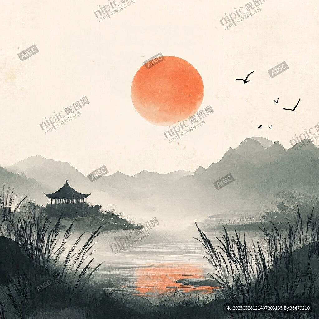 夕陽下的山水亭閣景致