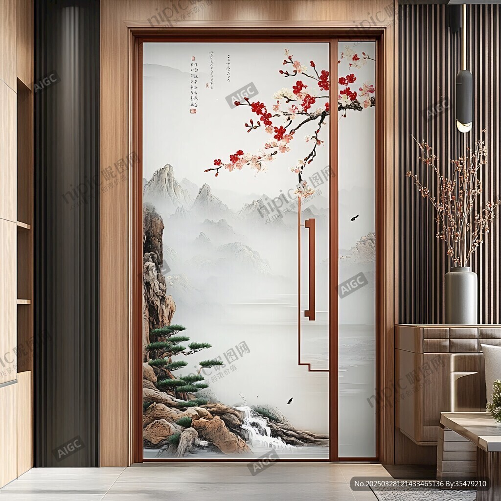 中式山水梅花入戶門設計