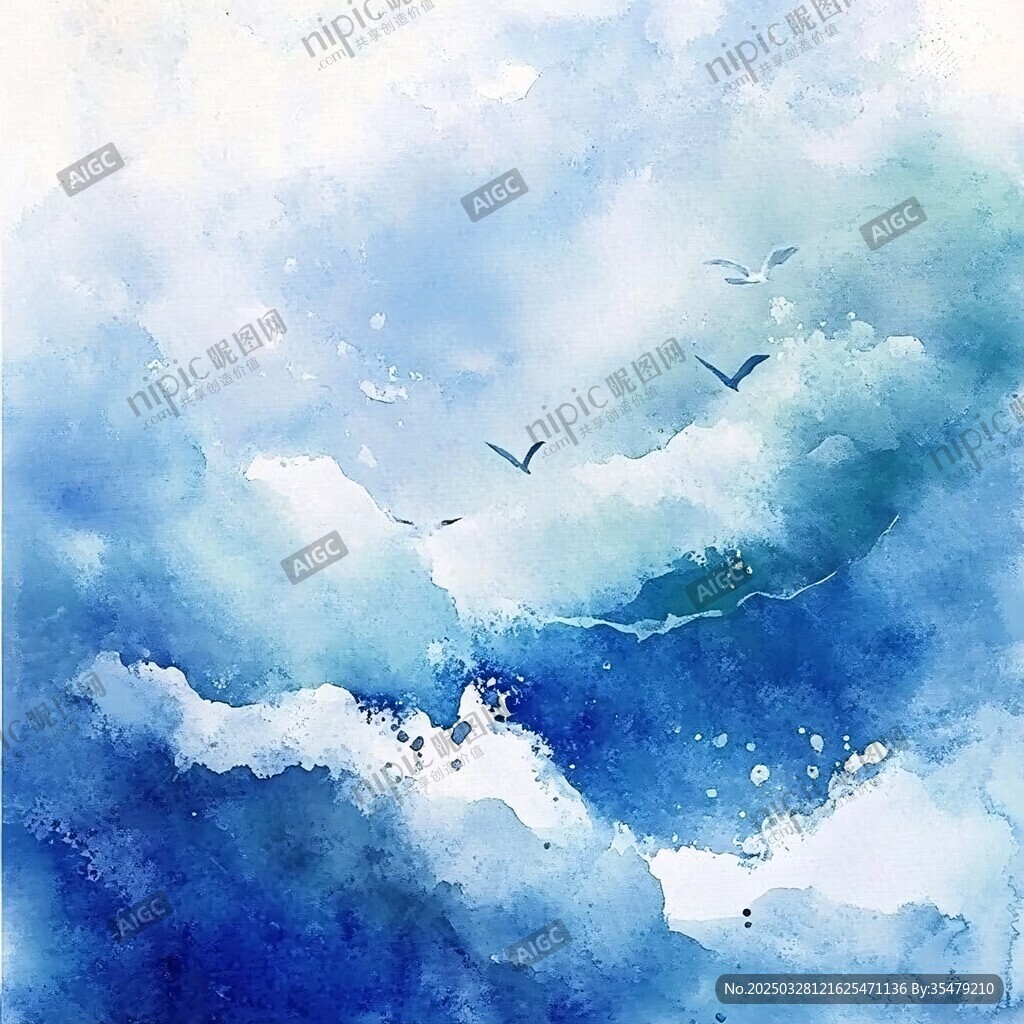 夢幻云海飛鳥水彩畫