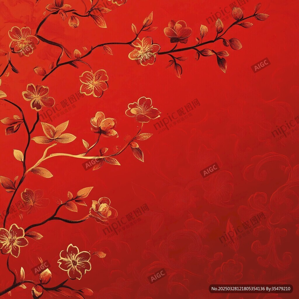 紅底金枝繁花中式背景圖