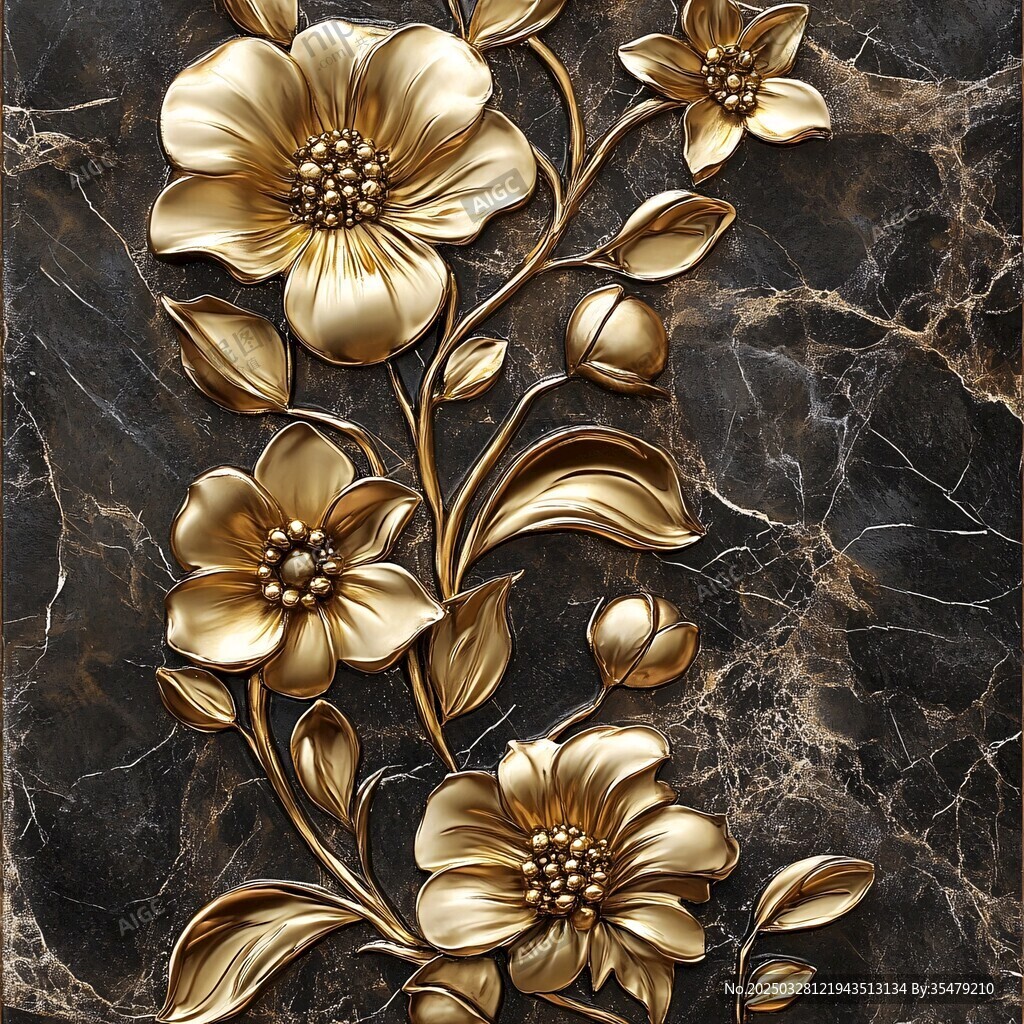 金色浮雕花卉大理石背景圖