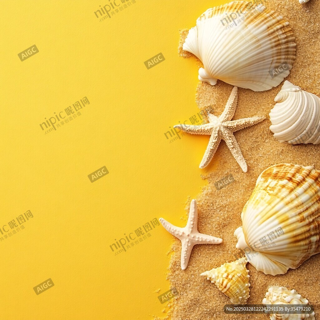 黃色背景上的海星與貝殼