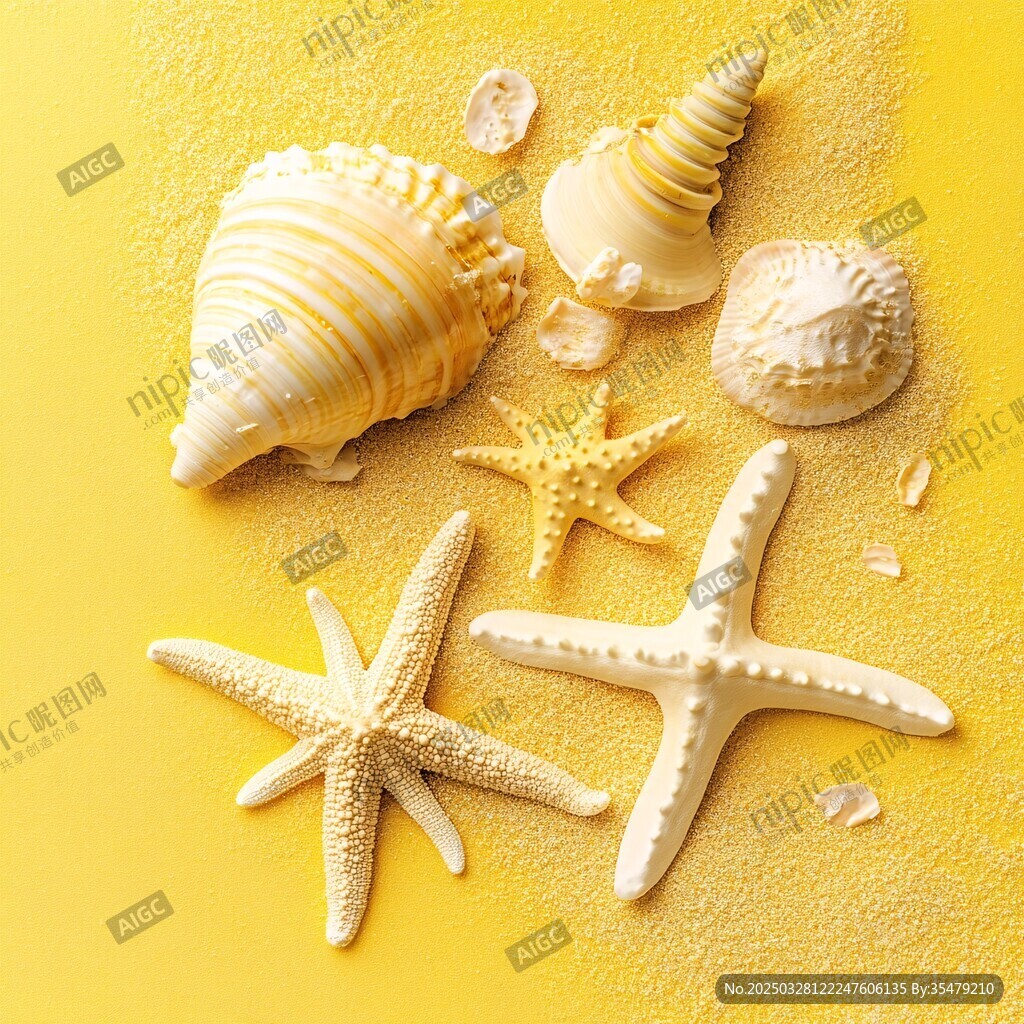 黃色背景上的海星與貝殼
