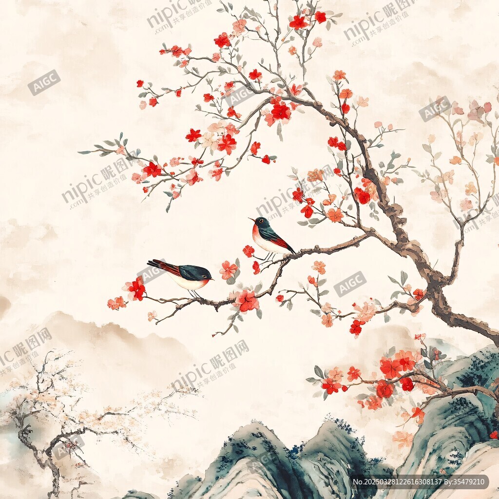 雙鳥棲枝紅梅圖