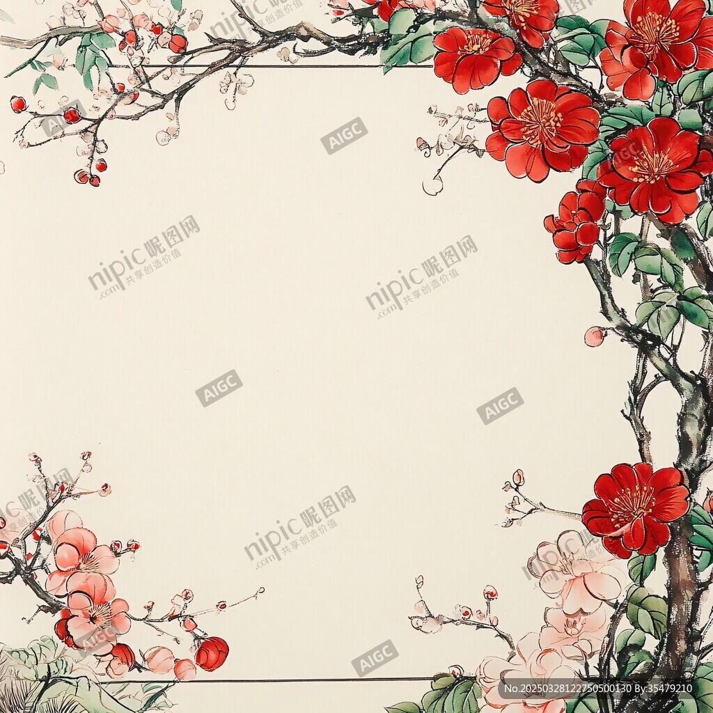 中式花卉邊框裝飾畫