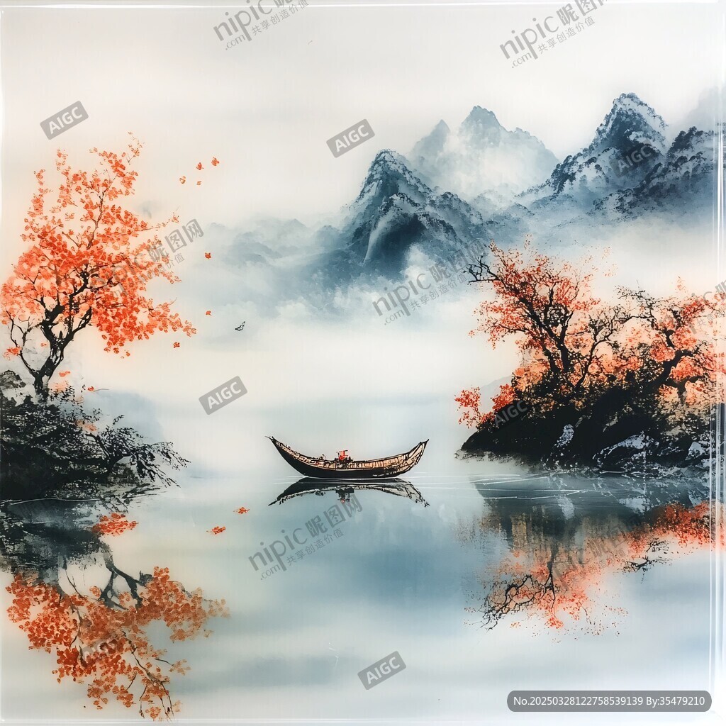 秋江孤舟山水寫意畫