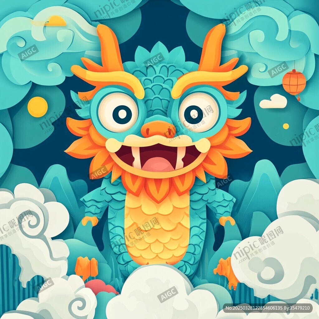 可愛卡通龍在山水云霧間
