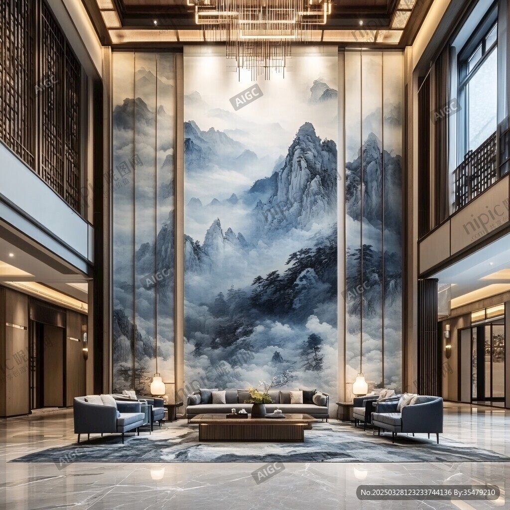 中式大廳的山水壁畫裝飾