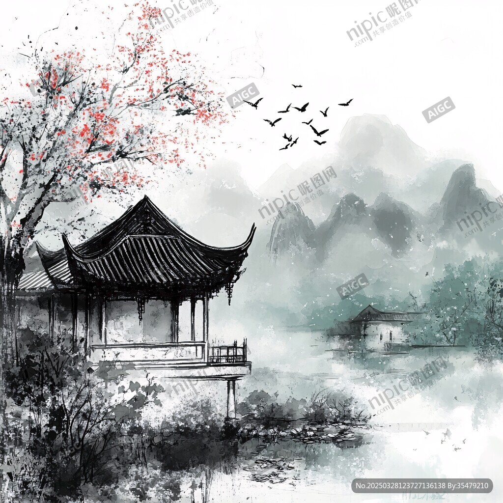 水墨湖畔古亭飛鳥春景圖
