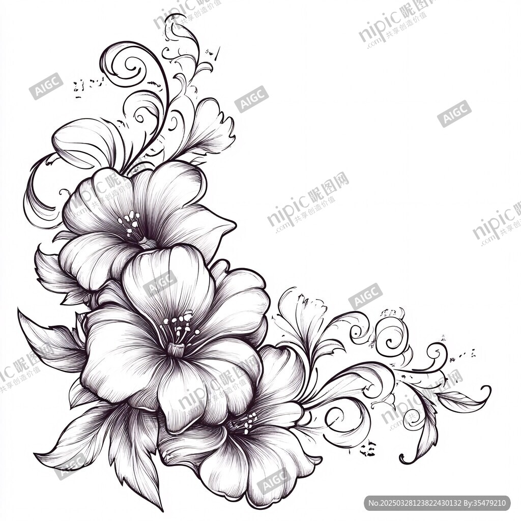 黑白花卉裝飾角隅圖案