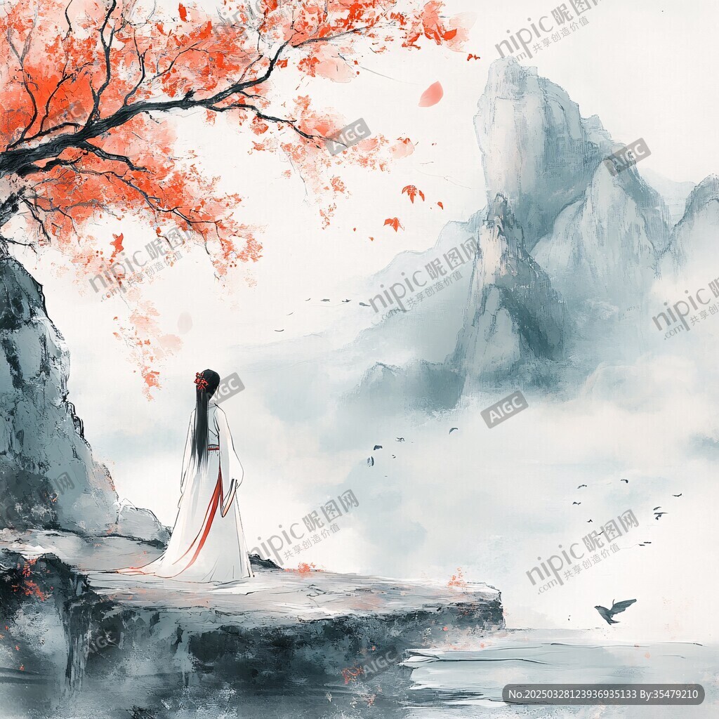 白衣女子立于山水紅葉間