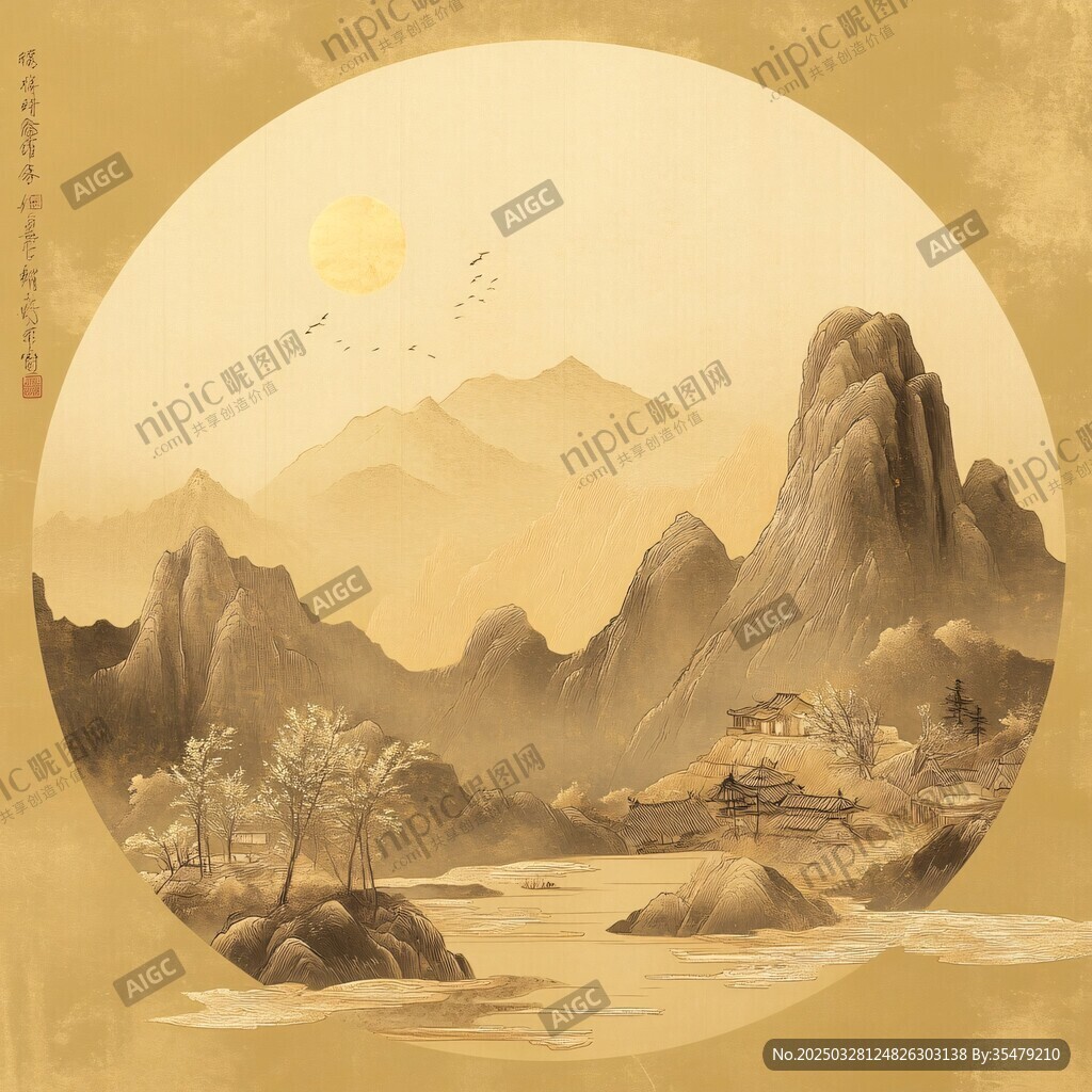 金暉下的山水靜謐之景