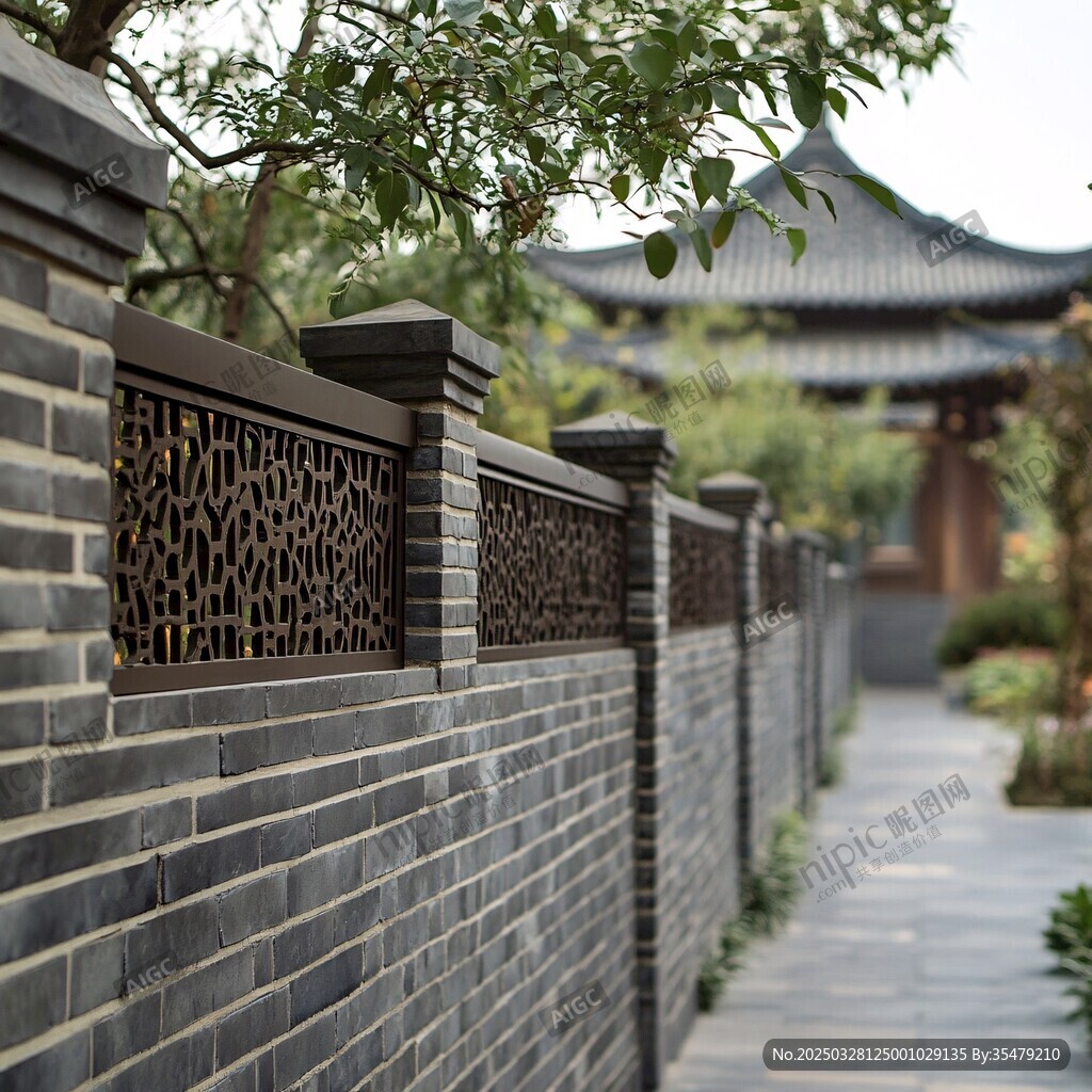 中式磚墻圍欄 古韻庭院景致