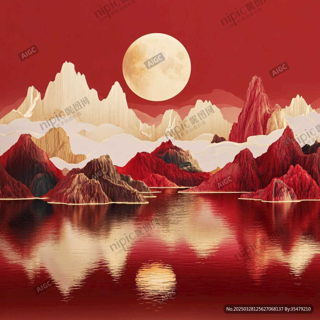 紅月映山景 湖光山色美