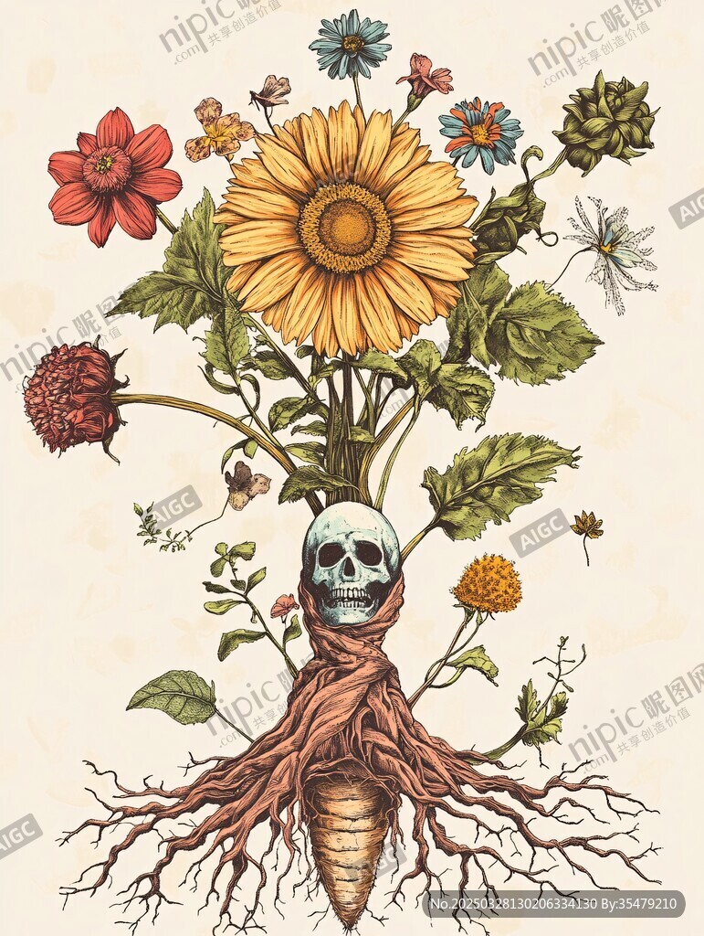 骷髏花卉共生奇幻插畫
