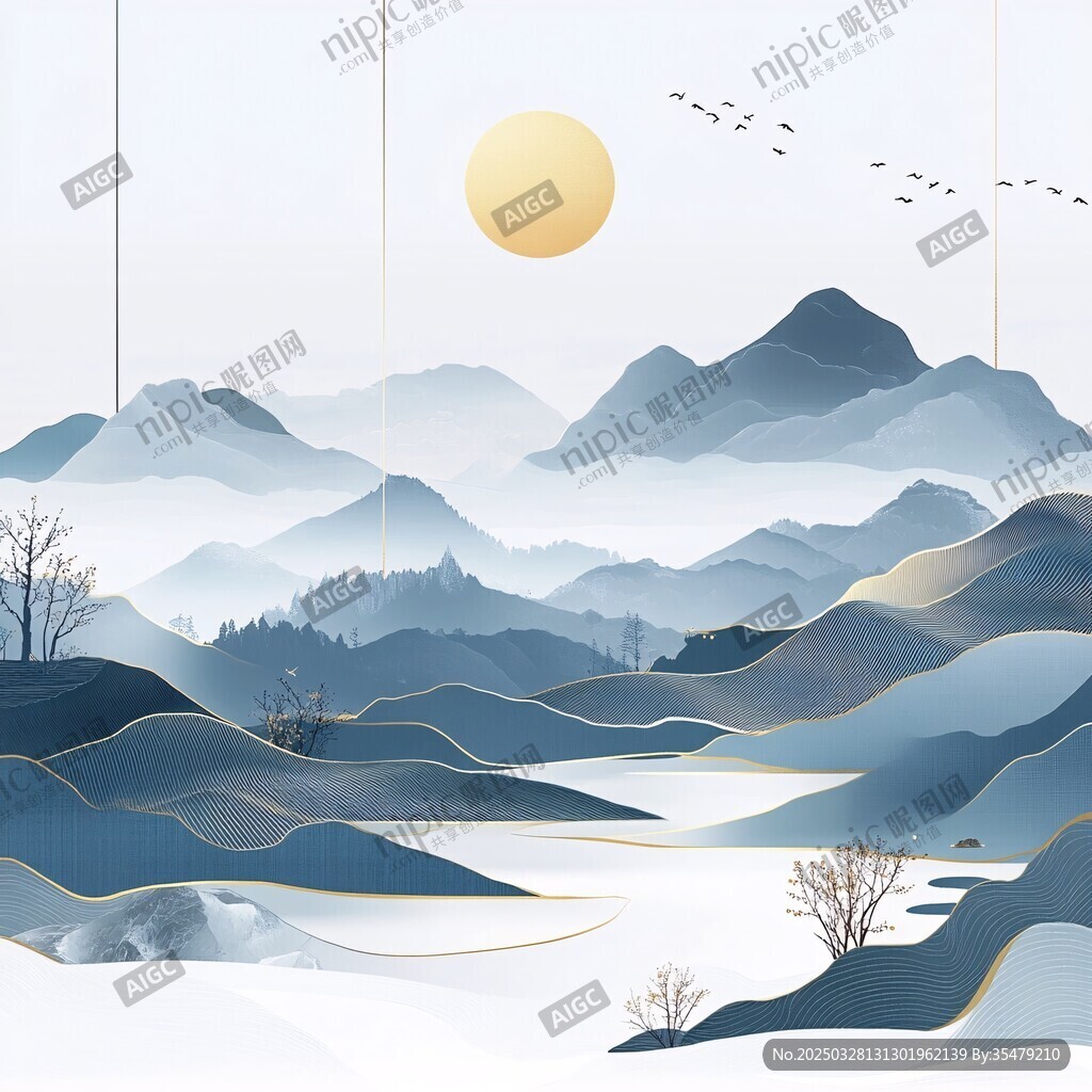 水墨山川間的落日飛鳥景