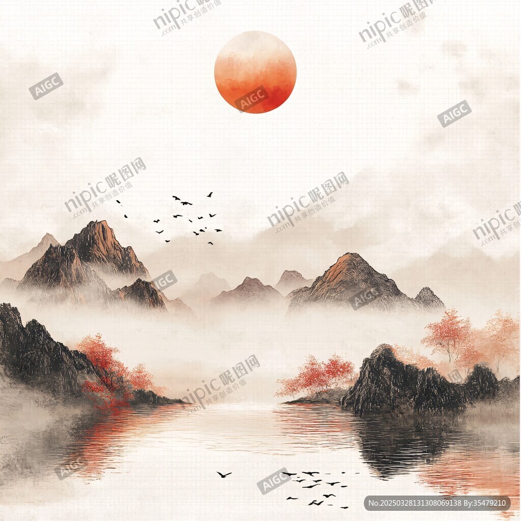 夕陽映山水飛鳥詩意景