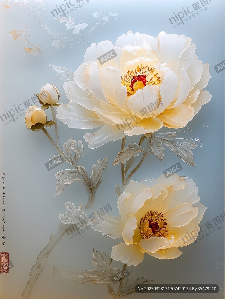 水墨風盛開的優雅白牡丹