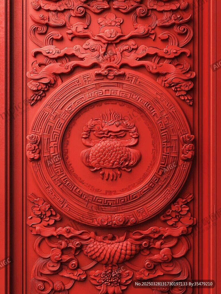 中式紅漆浮雕門飾圖案