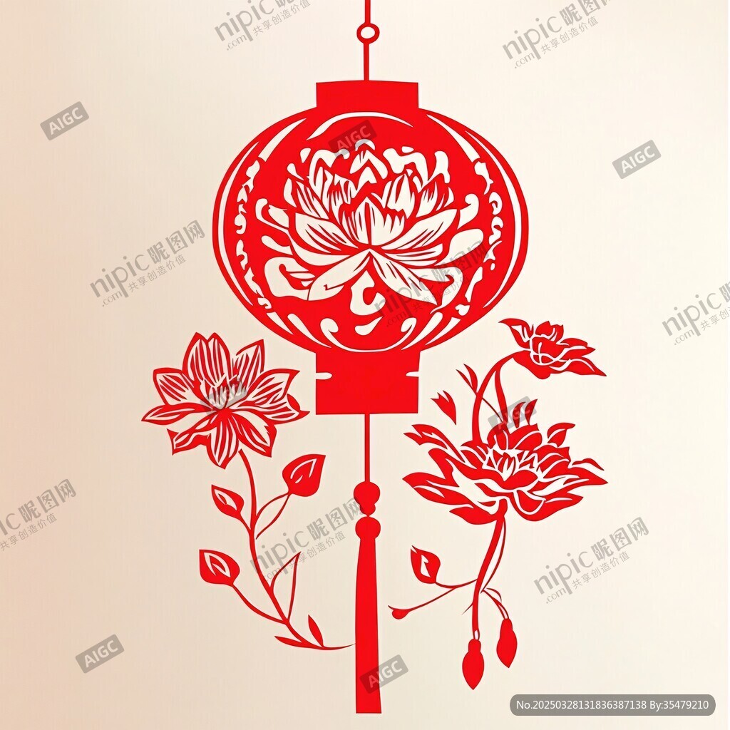 中式剪紙紅燈籠與花卉
