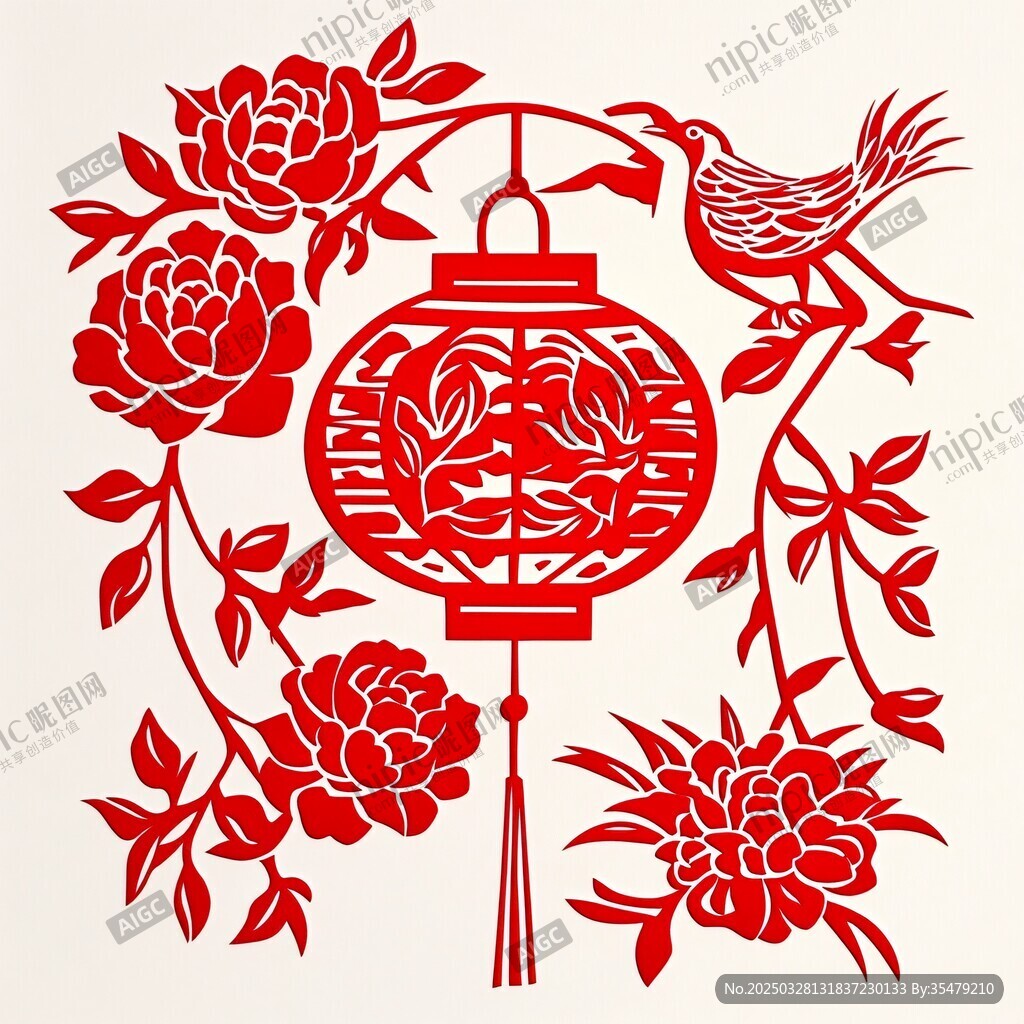 紅燈籠花鳥牡丹剪紙圖案