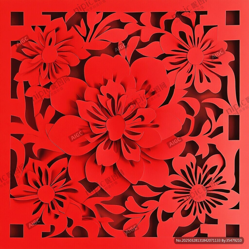 紅色立體剪紙花卉圖案