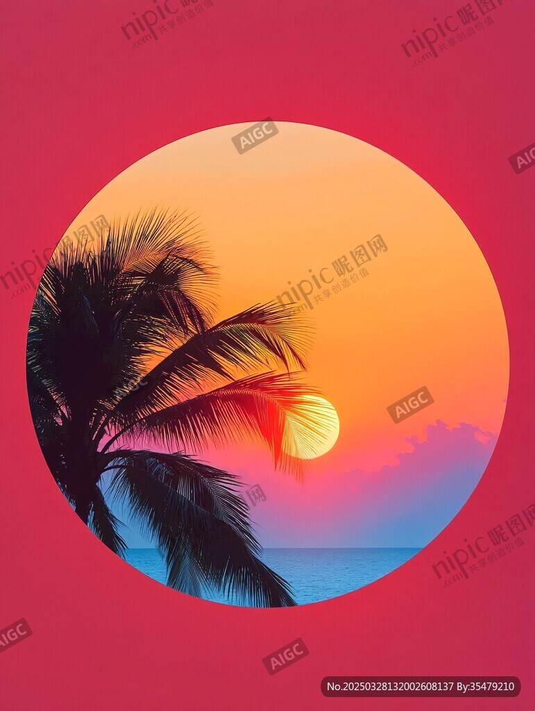 夕陽下的椰樹海景圖