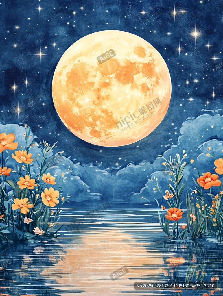 月夜湖畔繁花映月景