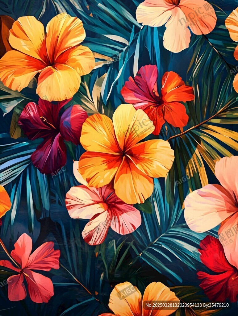 熱帶花卉與葉片絢麗圖案