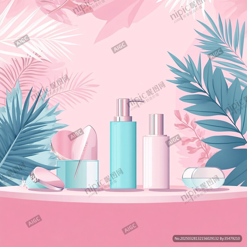 粉色系美妝用品與綠植搭配