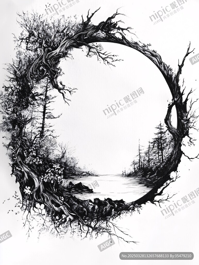 環(huán)形枯樹景觀黑白插畫