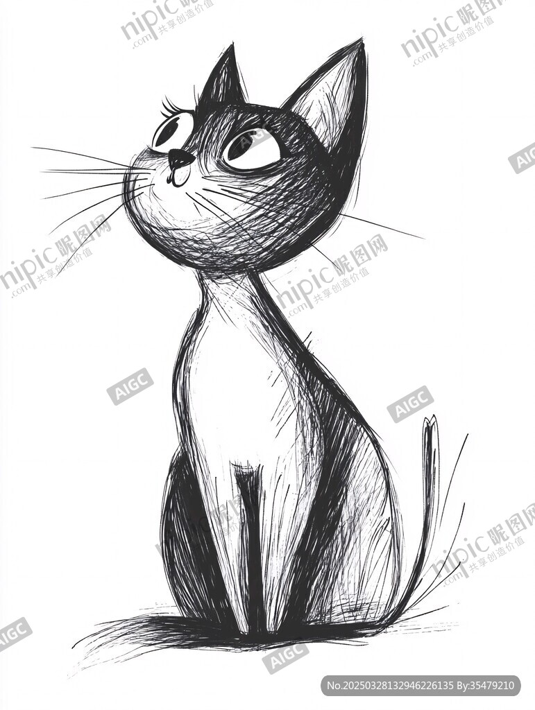 可愛貓咪的黑白素描畫像