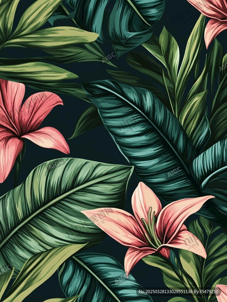 熱帶花卉綠葉圖案背景