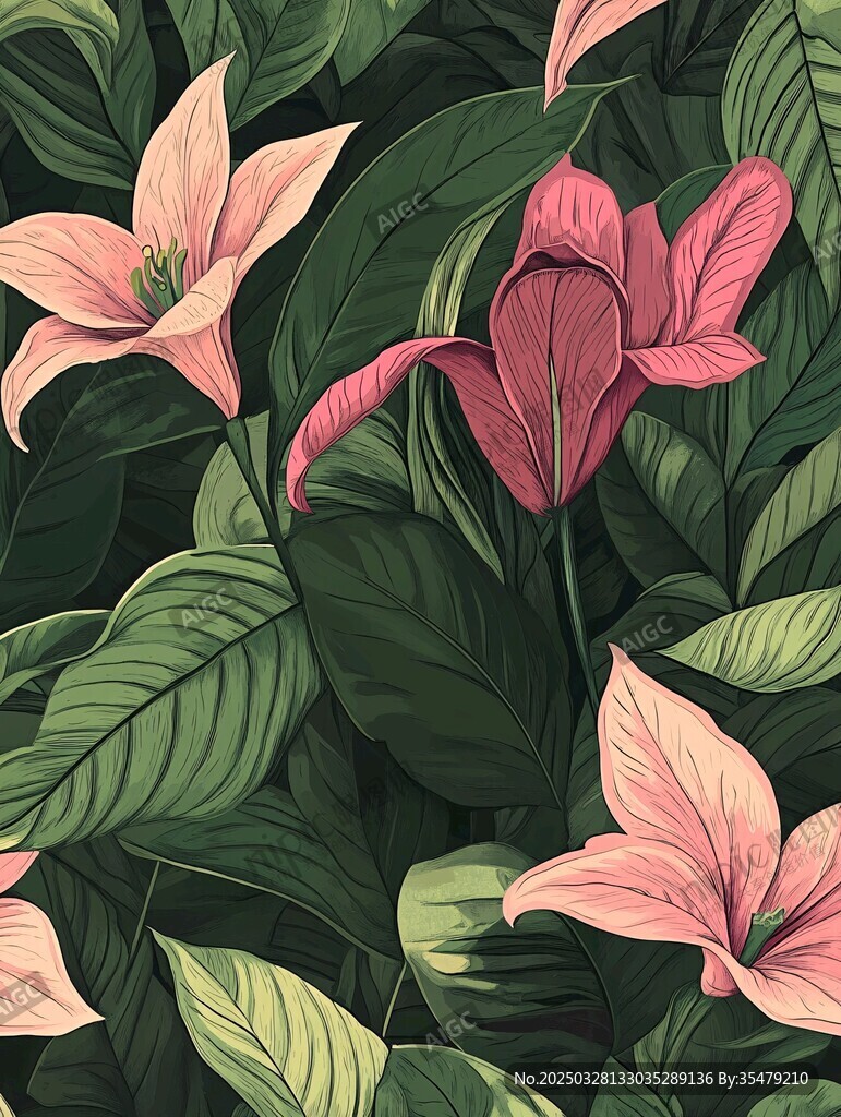粉色花卉綠葉繁茂圖案