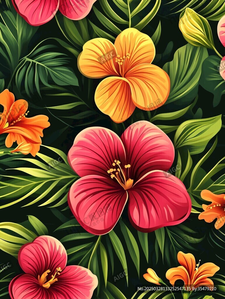 熱帶花卉綠葉精美圖案